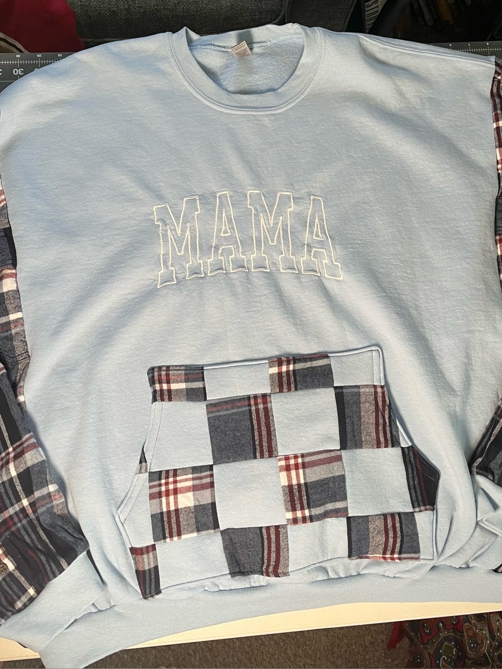 Up cycled blue “Mama” flannel sweatshirt size 2X/3X, handmade custom pocket